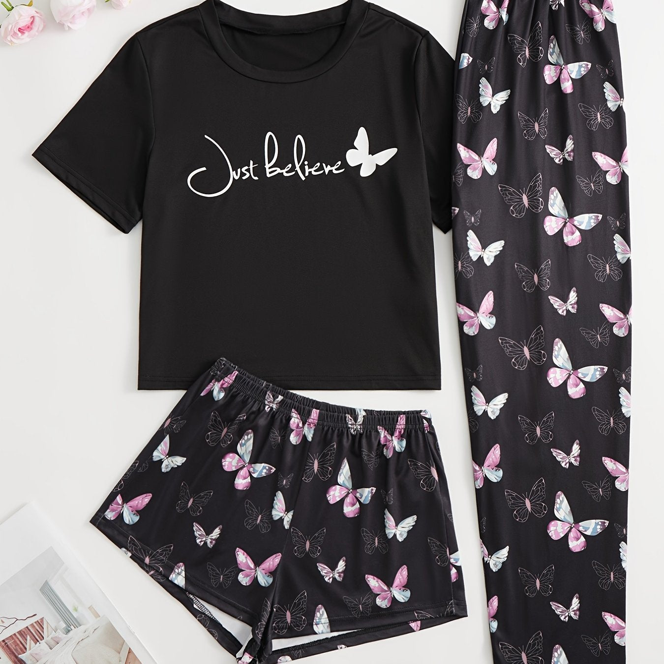 Butterfly Print Pajamas Set Short Sleeve Top & Shorts & Lounge Pants