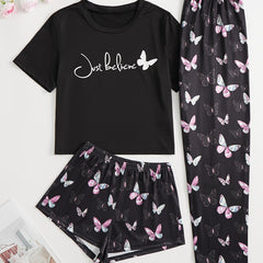 Butterfly Print Pajamas Set Short Sleeve Top & Shorts & Lounge Pants