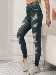 Denim Print Ripped Pants High Waist Slim Pants