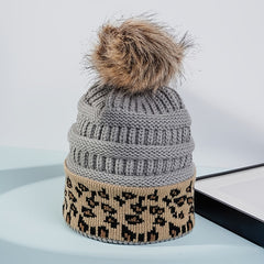 Leopard Fur Ball Beanie Women's Knitted Warm Hat Woolen Hat