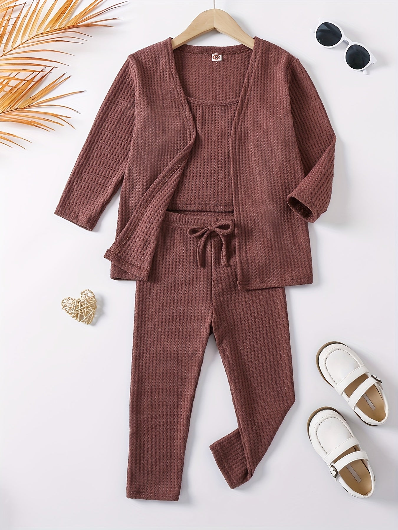 Girl's Waffle Pattern 2pcs Cami Top & Cardigan & Pants Set
