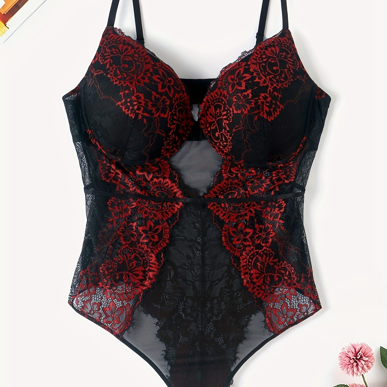 Lace Teddy Bodysuit Padded Cut Out Back Mesh Semi Sheer Lingerie