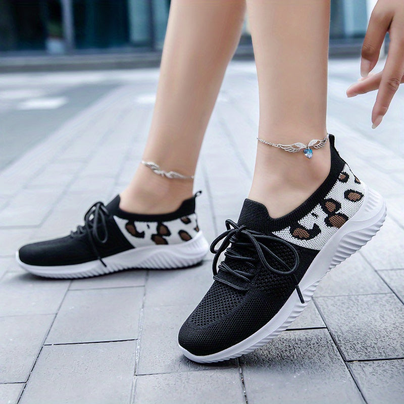 Leopard Print Sneakers Breathable Knitted Lace Up Low Top Running Shoes