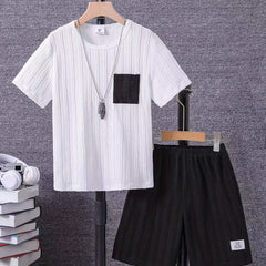 Boys Casual Stripe Graphic Short Sleeve T shirt & Shorts Set