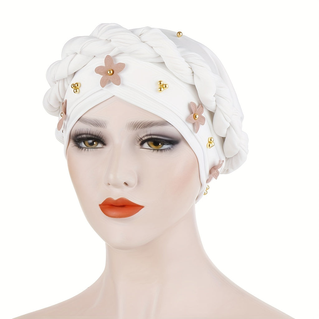 Beads Flower Turban Cap Twist Braid Head Scarf