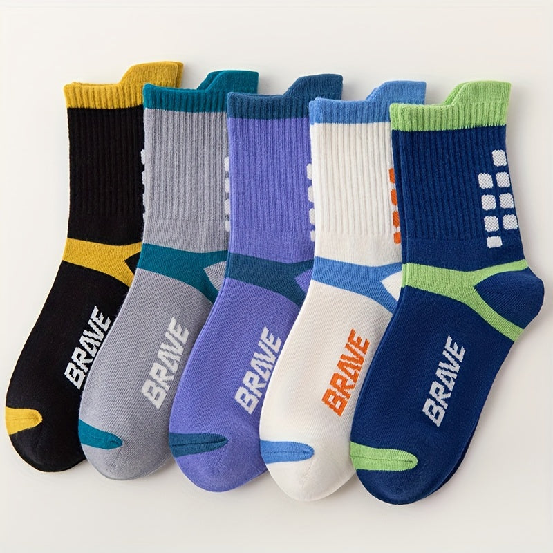 5 Pairs Boy's Striped Crew Socks Cotton Blend Comfy Casual Unisex Socks