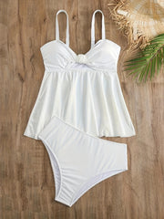 Ribbed Knit Tankini Set Solid Cut Out Cami Top & Panty Swimsuit