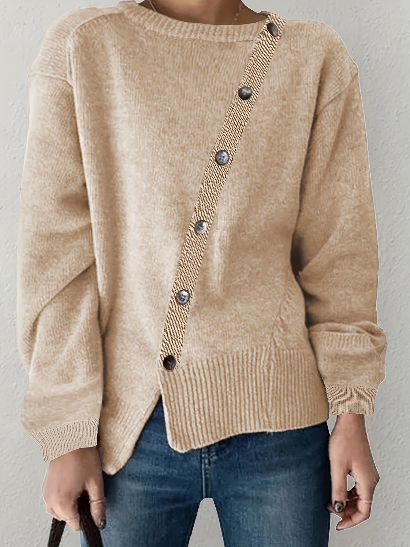 Casual Sweater Women's Plus Solid Knitted Long Sleeve Button Decor