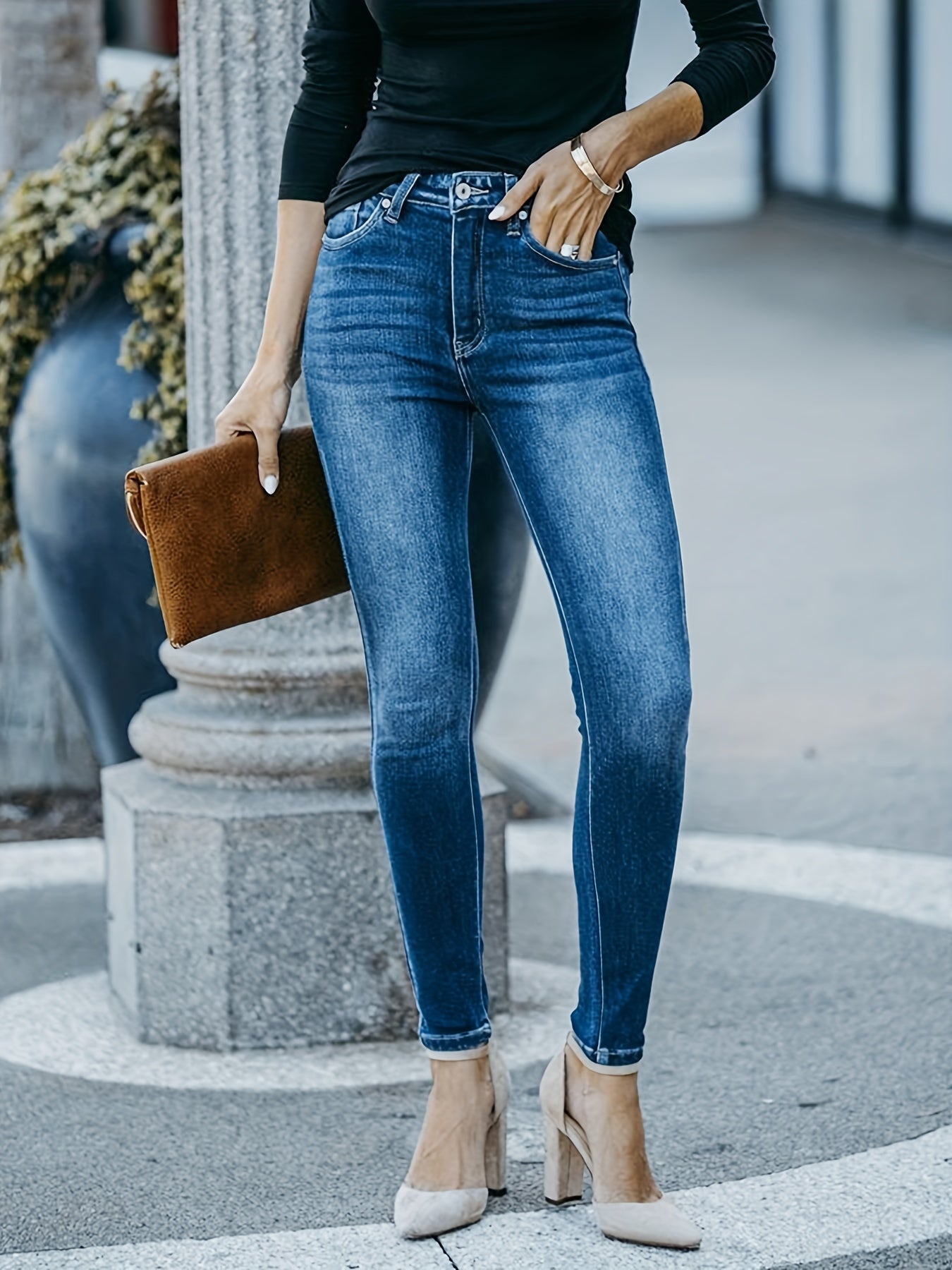 Stretchy Skinny Jeans Slim Fit Mid Rise Washed Denim Pants