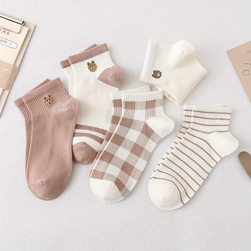 5 Pairs Cartoon Bear Print & Striped Plaid Short Women's Socks