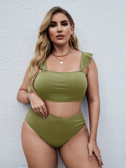 Vacay Bikini Set Women's Plus Solid Square Neck Ruffle Trim Bra & High