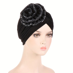 Round Rhinestone Flower Turban Beanie Head Scarf Chemo Cap