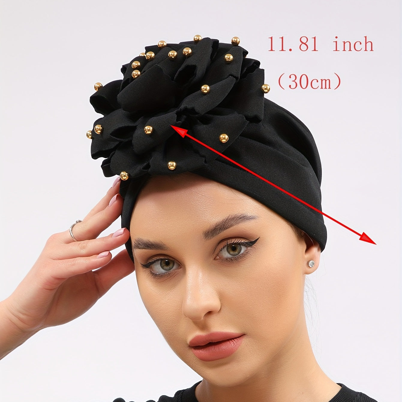 Golden Beads Flower Turban Head Scarf Elastic Beanie Cap