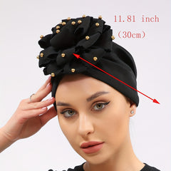 Golden Beads Flower Turban Head Scarf Elastic Beanie Cap