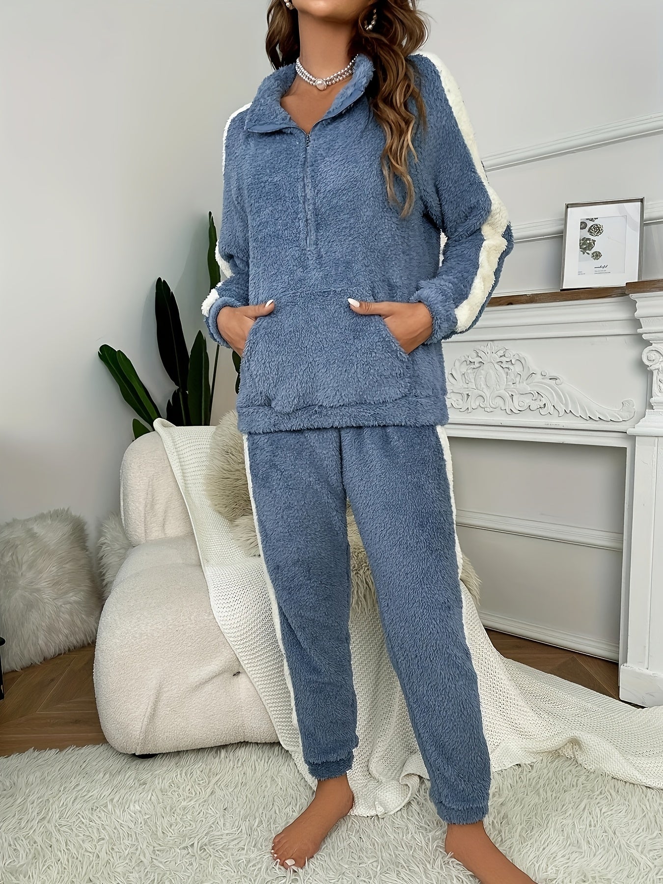 Colorblock Plush Lounge Set Zipper Top & Elastic Pants Women's Loungewear