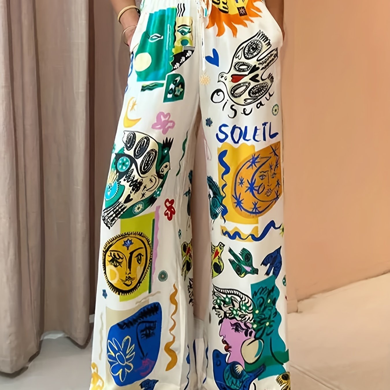 Graphic Print Elastic Waist Straight Leg Pants Women's Clothing