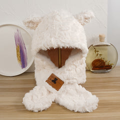 Lamb Wool Animal Ears Knitted Plush Winter Cap for Her