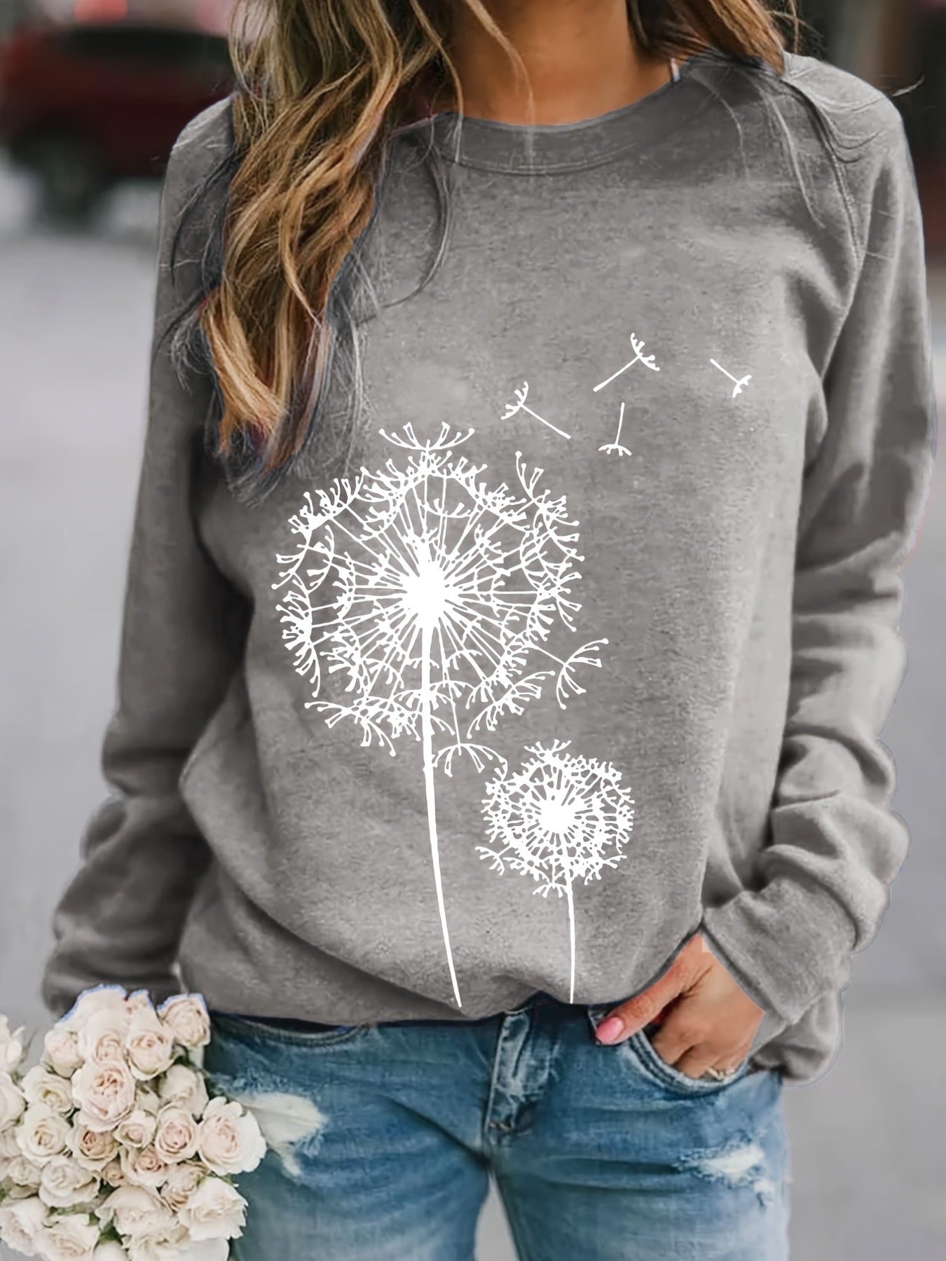 Dandelion Print Crew Neck Sweatshirt for Women