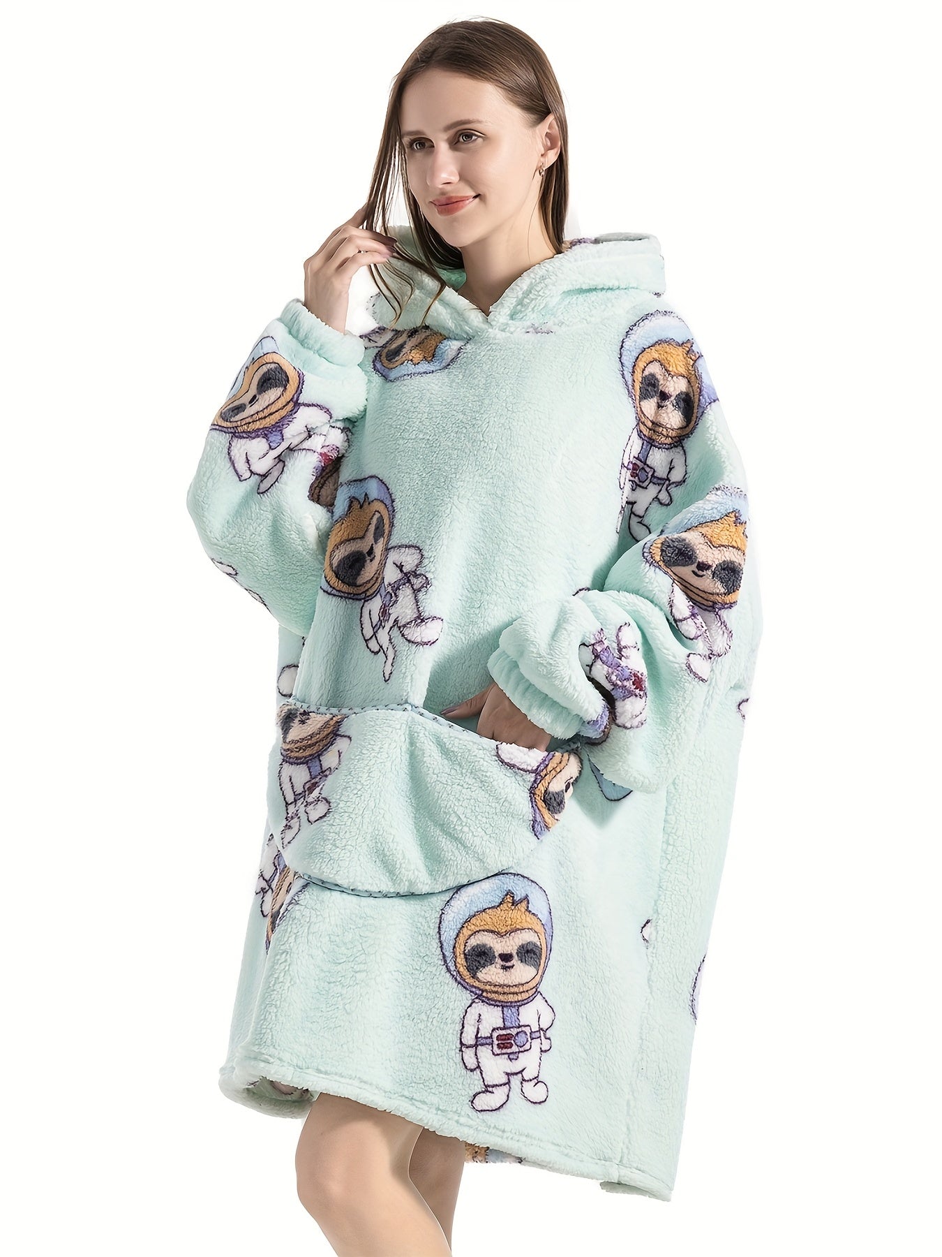 Women's Plus Size Sloth Pattern Fleece Hooded Robe