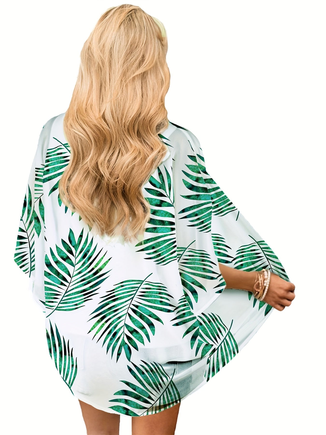 Plant Print Half Sleeve Kimono Cover Up V Neck Comfy Loose Beachwear