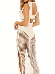 Round Neck Cover Up Dress Hollow Out See Through Backless Split Crochet Dress