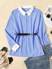 Colorblock Stripe Print Long Sleeve Button Up Shirt Top