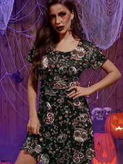 Halloween Casual Dress Women's Plus Skull & Floral Print Short Sleeve