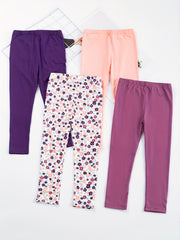4pcs Girls' Stretch Ankle Pants Plain & Floral Print Casual Kids Pants
