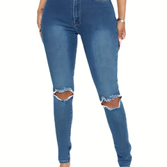 High Waist Ripped Holes Skinny Jeans Slim Fit High Stretch Casual Denim Pants