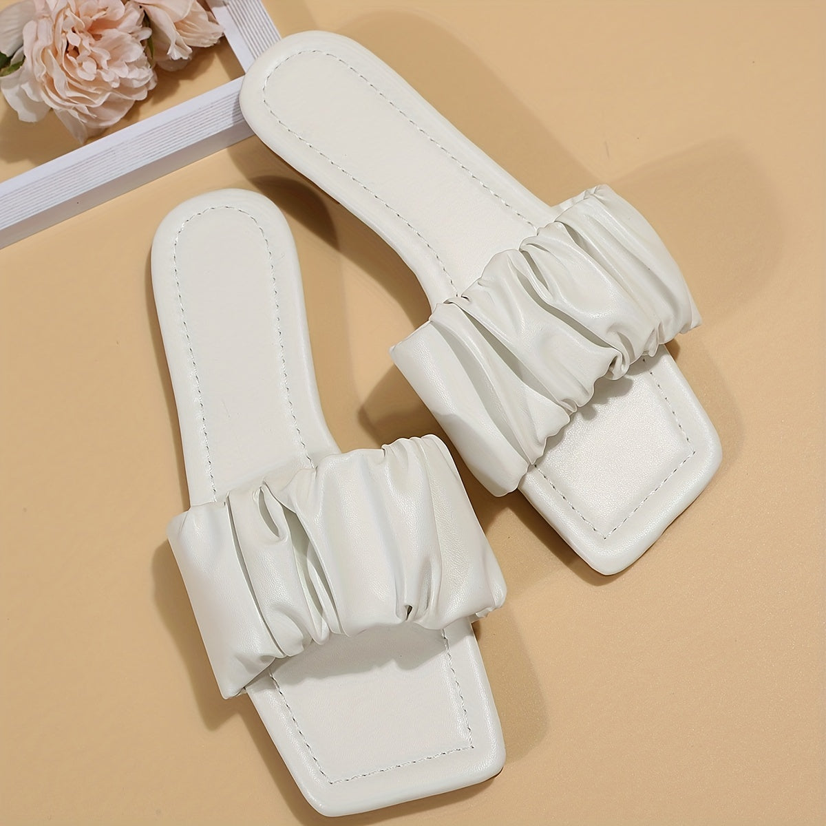Women's Pleated Slide Sandals Square Toe Comfy Slip On Flats