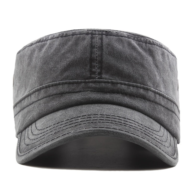 Men's Military Cap Vintage Flat Top Curved Brim Washed Cotton Cadet Army Cap