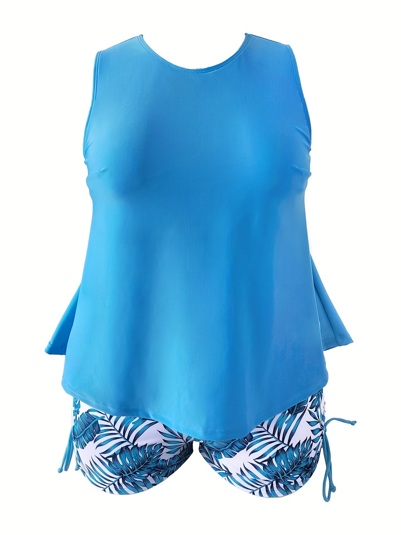 Solid Tank Top & Tropical Print Shorts Swimsuit Set