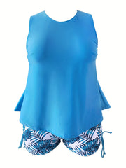 Solid Tank Top & Tropical Print Shorts Swimsuit Set