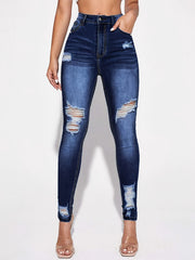 High Rise Ripped Skinny Jeans Distressed Washed Slash Pocket