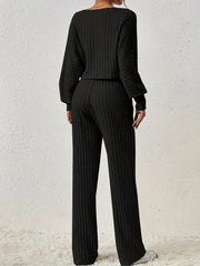 Ribbed Lantern Sleeve Tee & Pant Set