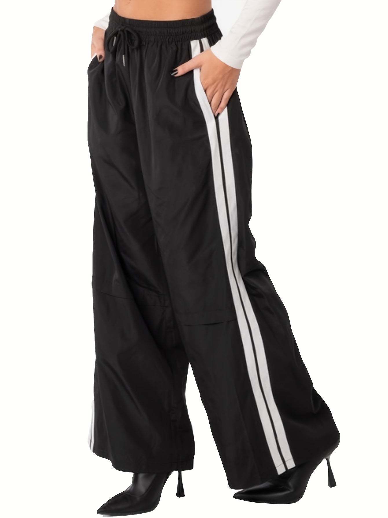 Block Stripes Side Loose Pants Elastic Waist Casual Running Pants