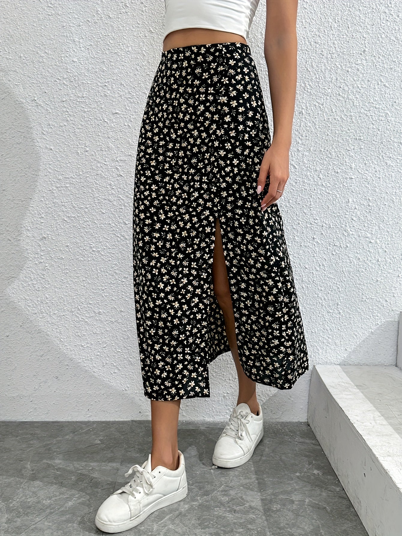 Floral Print Split Skirt High Waist