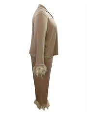Women's Plus Fuzzy Trim Button Up Pajama Set