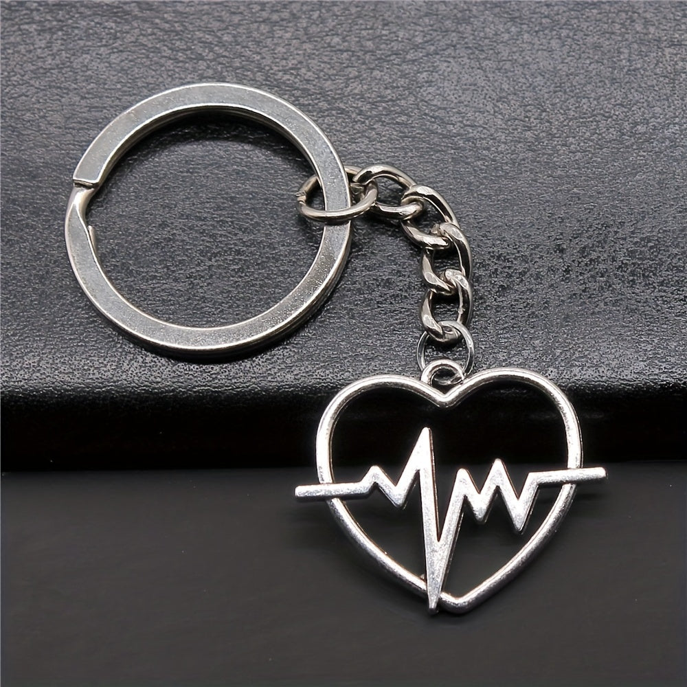 Vintage Silver Electrocardiogram Heart Pendant Keychain