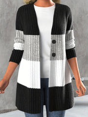 Colorblock Button Front Knitted Cardigan Long Sleeve Casual Fall Winter