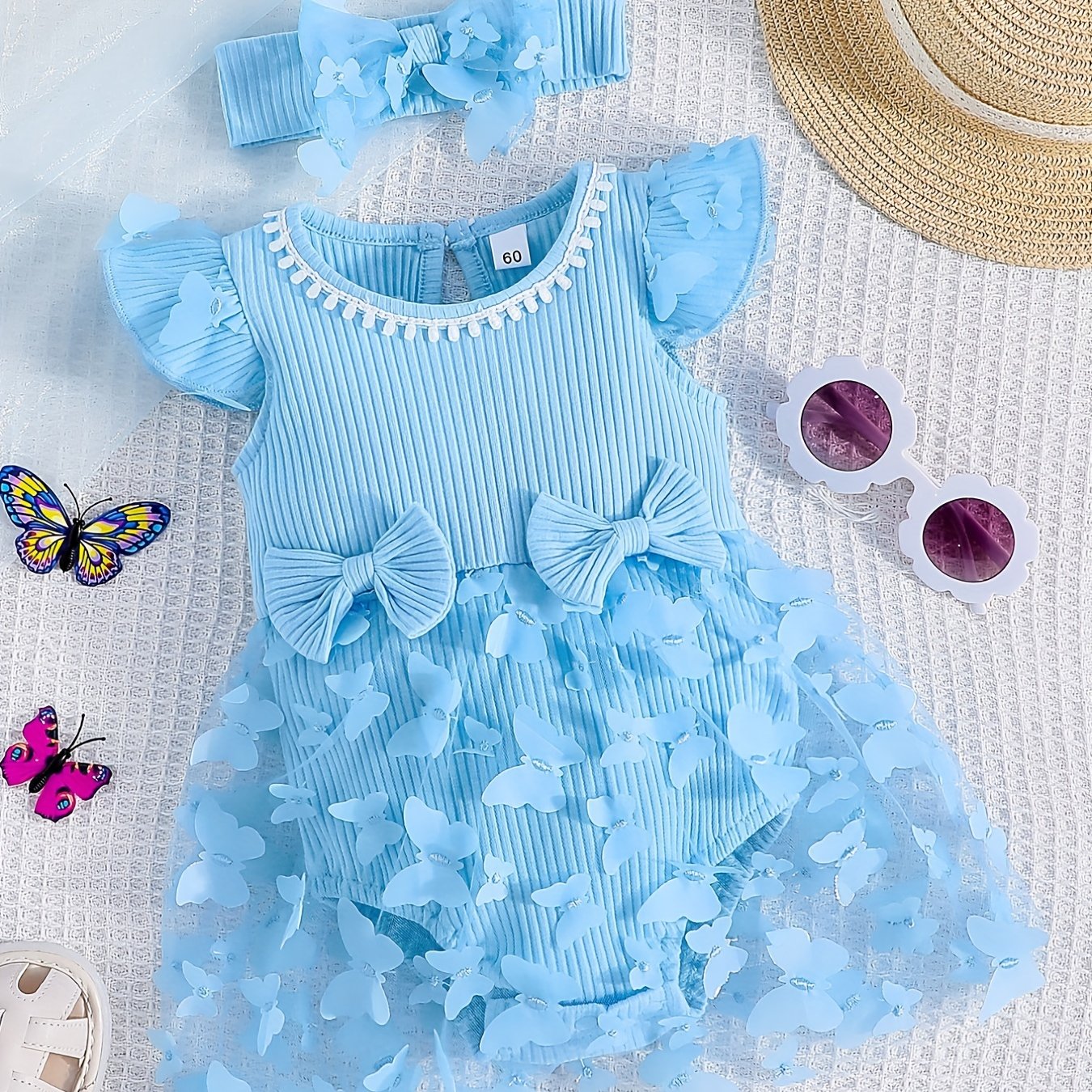 2pcs Baby Girls Butterfly Bowknot Onesie Dress & Headband Set