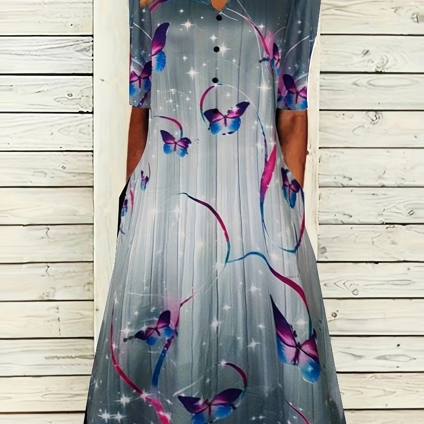 Butterfly Print Short Sleeve Casual Dress with Pockets