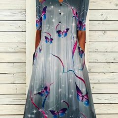 Butterfly Print Short Sleeve Casual Dress with Pockets