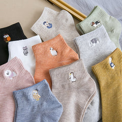 10 Pairs Women Cotton Socks Animal Embroidered Ankle Low Cut Boat Socks