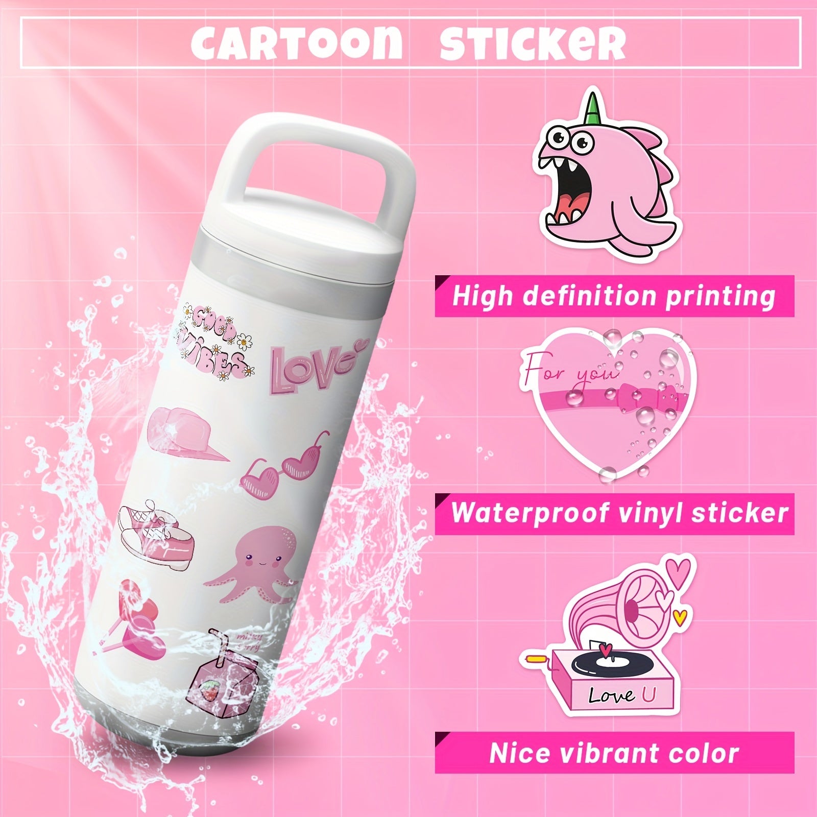100 Pink Cartoon Vinyl Stickers for Water Bottles Laptop Luggage G