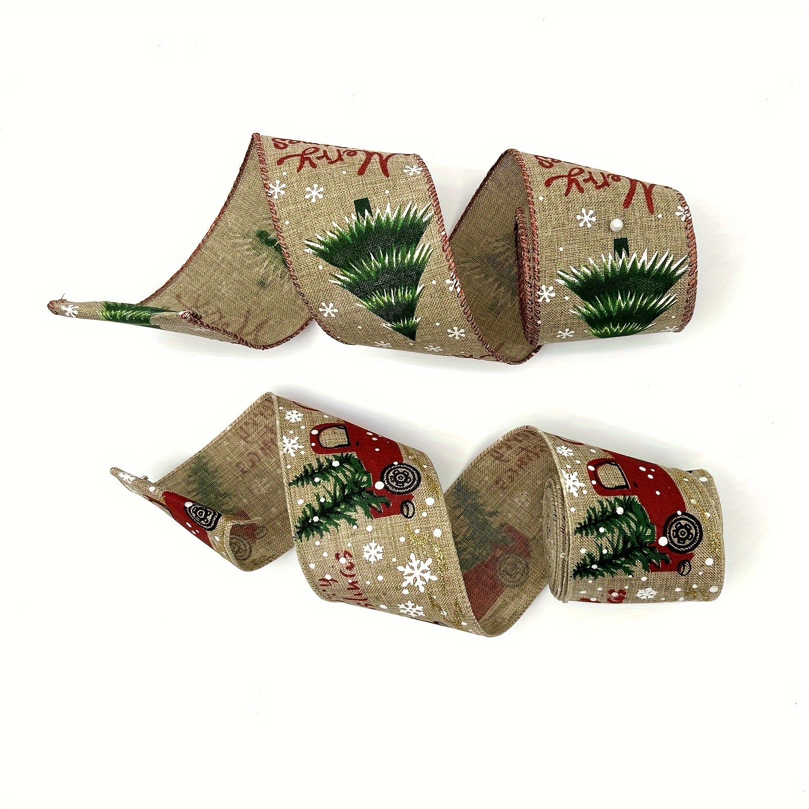 4 57M Christmas Ribbon Vintage Truck Wired Burlap Ribbon