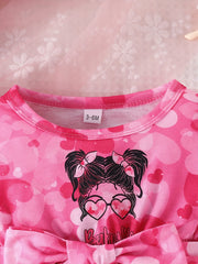 Baby Girls Cartoon Heart Print Long Sleeve Pleated Dress For Spring And Autumn