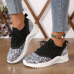 Women's Glitter Sequins Platform Sneakers Lace Up Outdoor Shoes