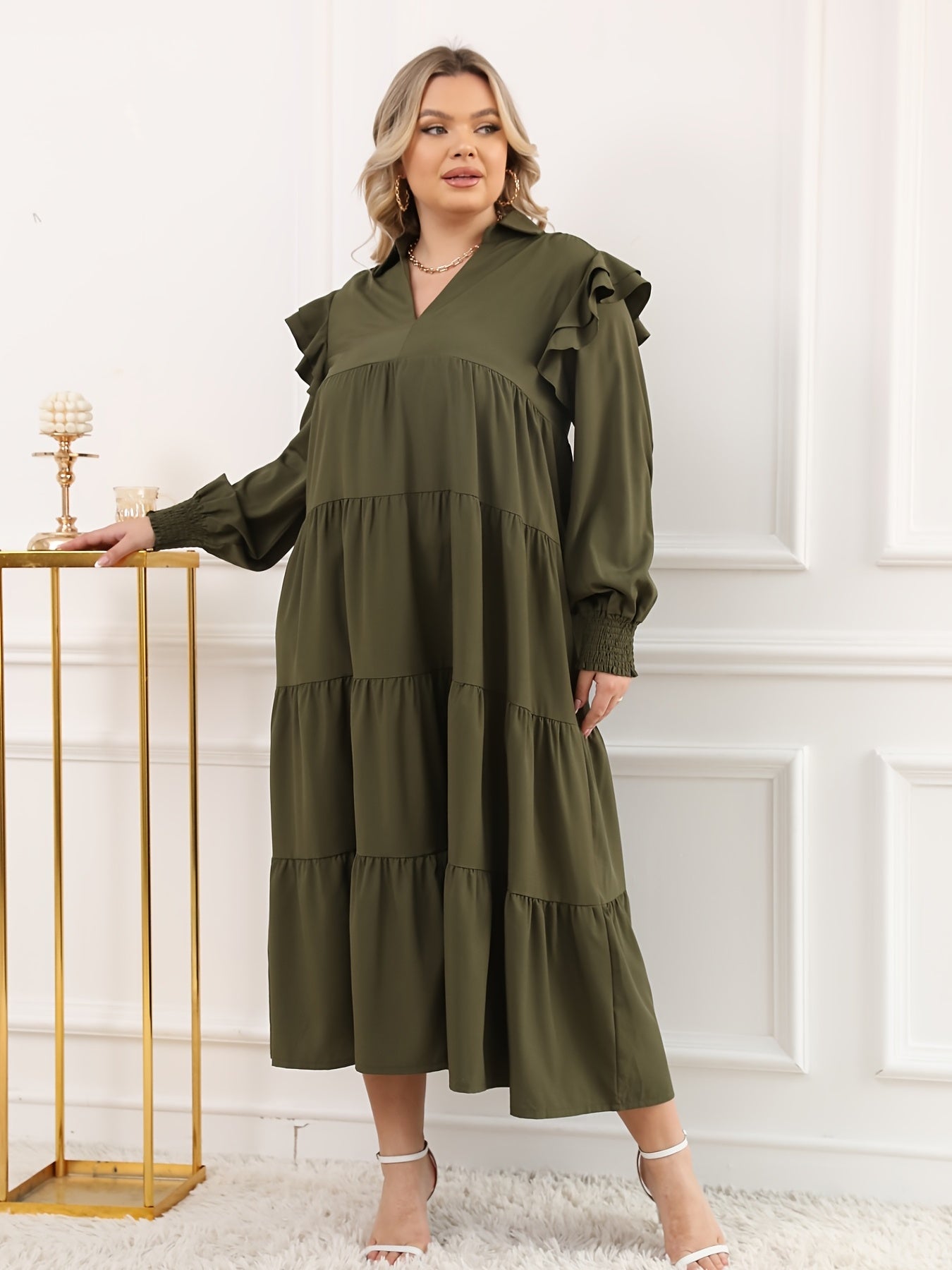 Retro Dress Long Sleeve Ruffle Trim V Neck Maxi Dress
