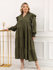 Retro Dress Long Sleeve Ruffle Trim V Neck Maxi Dress